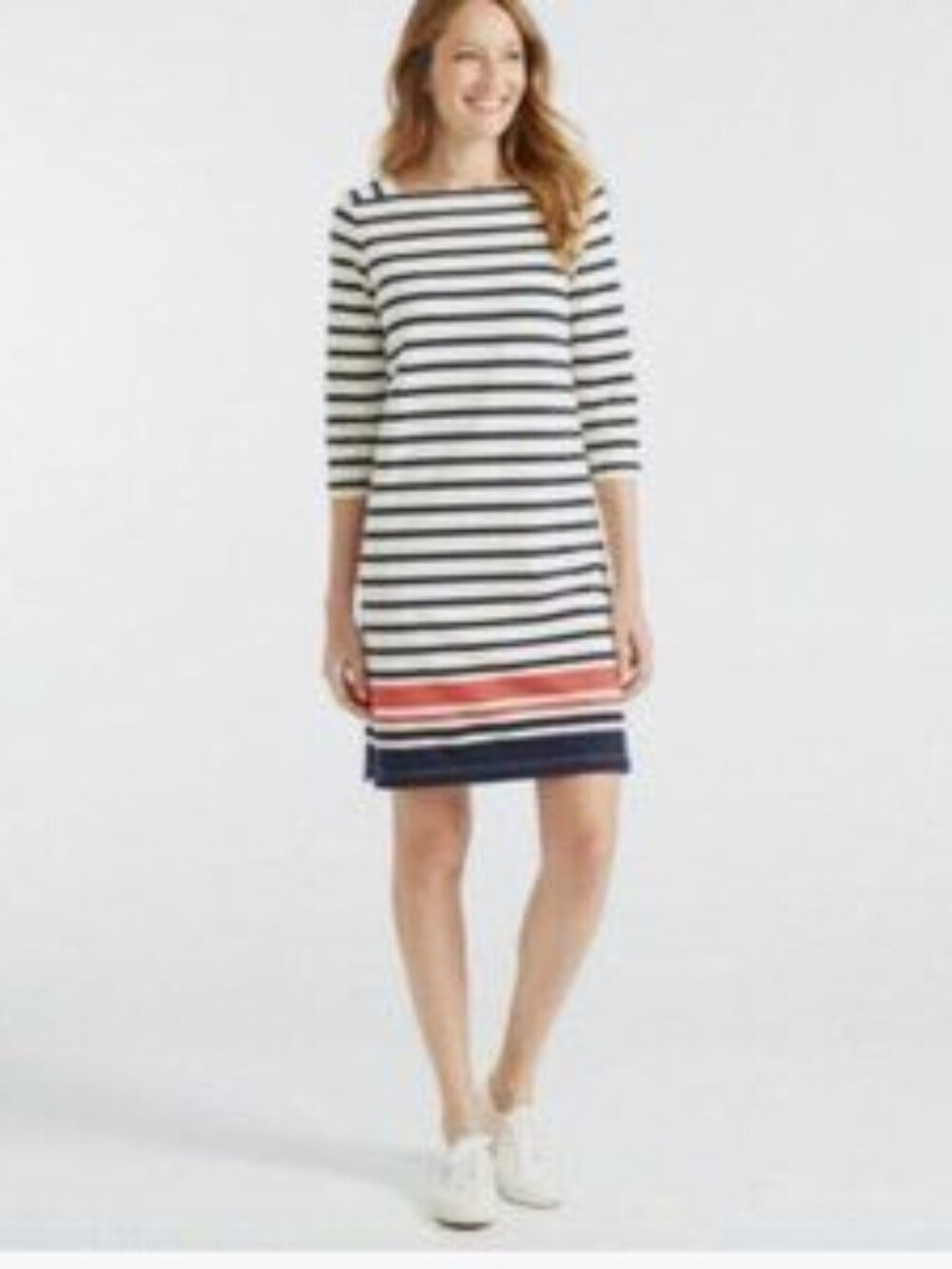 LL Bean Mariner White Red Blue Stripes Square Boat Neck Nautical Cotton Dress XS